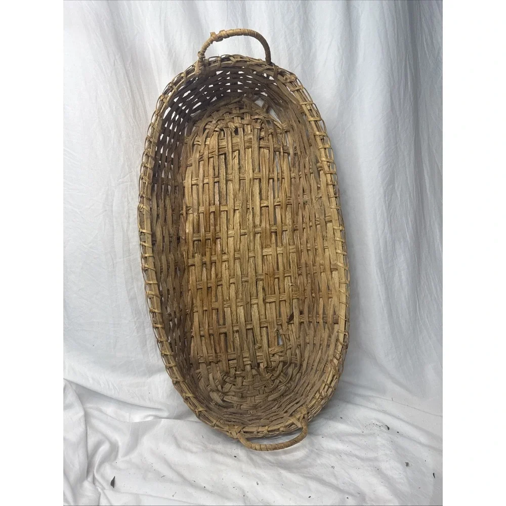 Antique Large Oval Oak Wood Splint Gathering Baguettes Basket Handles Primitive